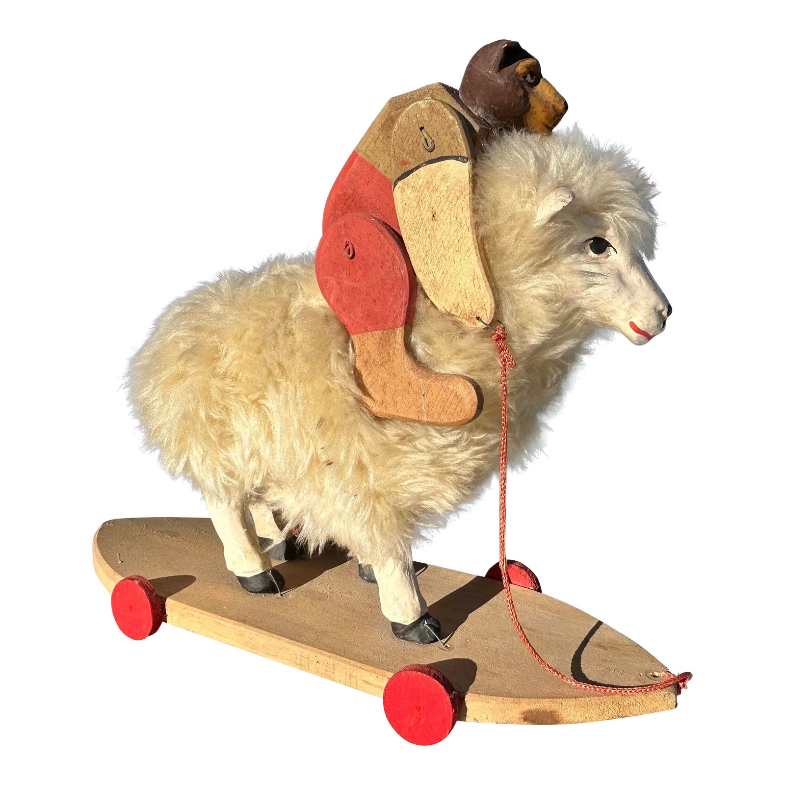 Vintage Handmade Toy Bear Riding a Sheep | Chairish