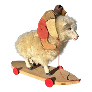 Vintage Handmade Toy Bear Riding a Sheep