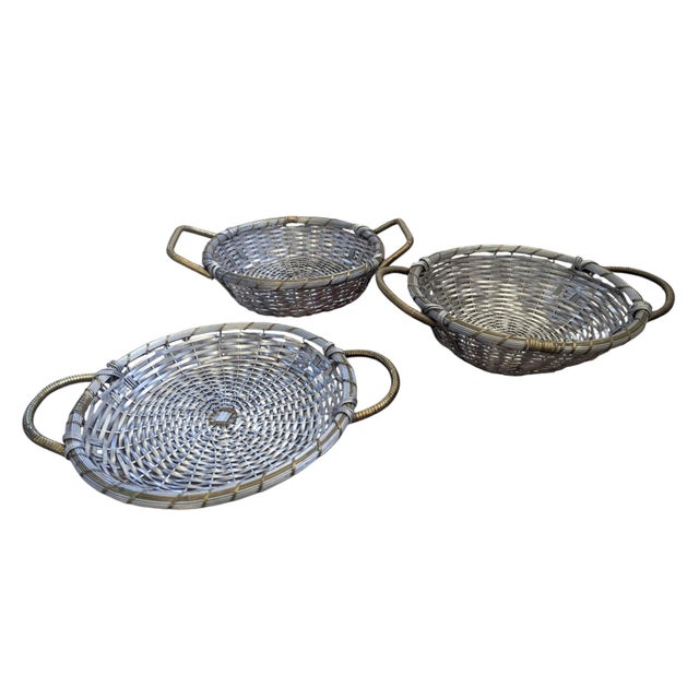 Vintage Woven Silver and Brass French Provincial Style Market Baskets- Set of 3 For Sale - Image 11 of 16