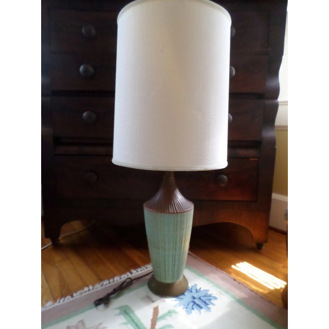 Mid Century Danish Modern Green Striped Atomic Pottery Table Lamp For Sale - Image 10 of 13