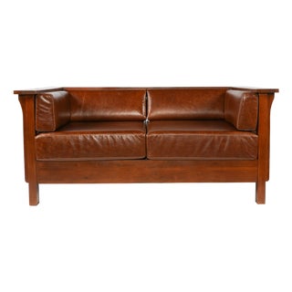 Crafters and Weavers Mission Craftsman Cubic Slat Side Love Seat in Chestnut Brown Leather For Sale