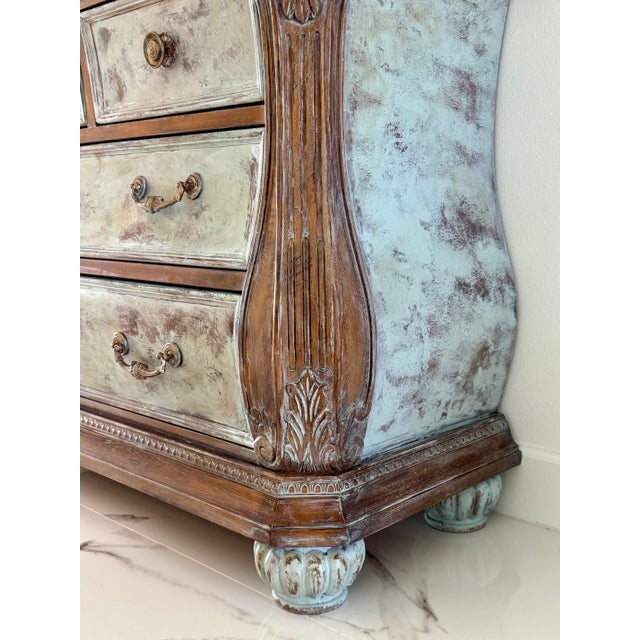 French Bombe Chest | Distressed Painted Wood Dresser | Louis XV Style For Sale - Image 9 of 11