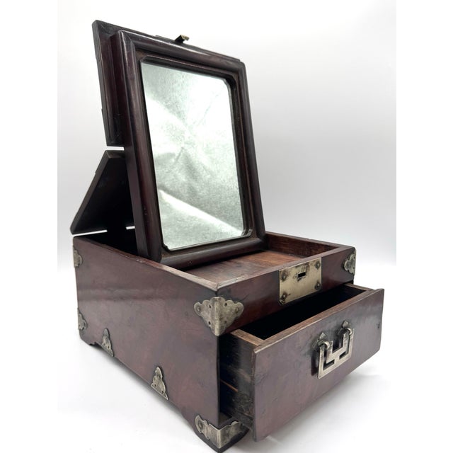 Antique Chinese Hardwood Vanity Box With Mirror, Drawer & Working Lock For Sale In Philadelphia - Image 6 of 9