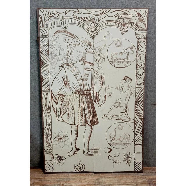 Two-Panel Screen Depicting a Historical Figure and Various Symbols, 1980s For Sale - Image 4 of 4