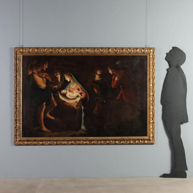 Oil on canvas. Central Italian School, early 18th century. The large scene depicts the Nativity of Jesus in the Bethlehem...