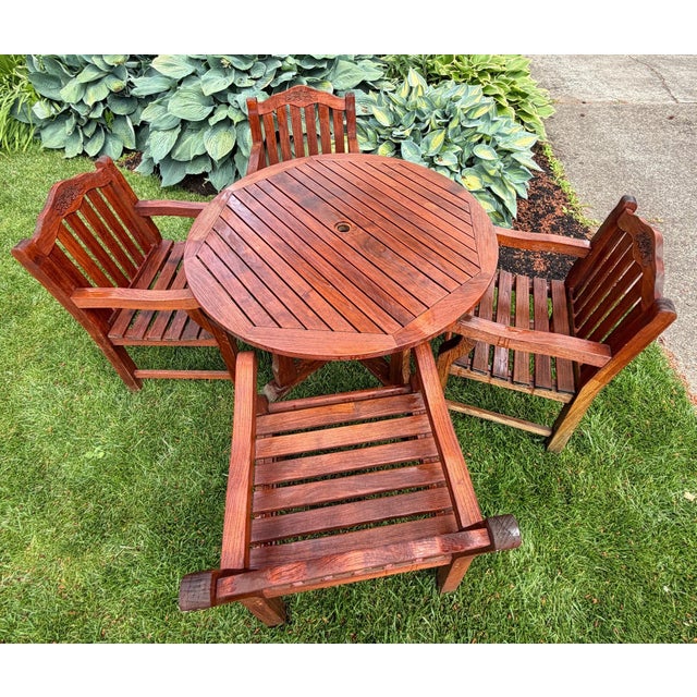 1990s Exceptional Vintage Hand-Carved Estate-Quality 5-Piece Solid Teak Patio Dining Set For Sale - Image 4 of 13