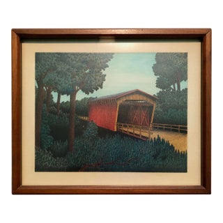 Mid 20th Century Mixed Media Drawing of a Red Bridge by C. Smith For Sale