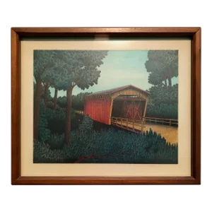 Mid 20th Century Mixed Media Drawing of a Red Bridge by C. Smith