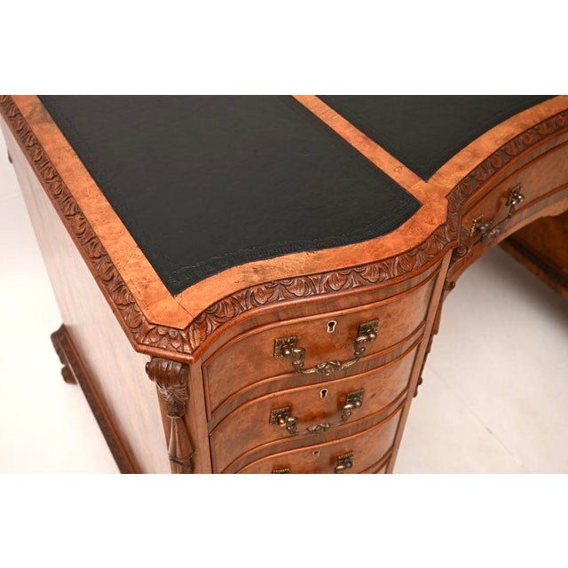Early 20th Century Antique Burr Walnut Pedestal Desk with Leather Top, 1900 For Sale - Image 5 of 11