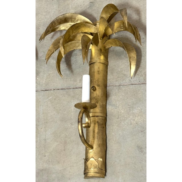 1960s Pair Jansen Style French Gilt Tôle Palm Tree Two-Light Wall Sconces, Circa 1960s For Sale - Image 5 of 11