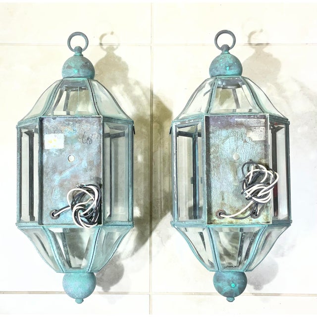 Pair of Vintage Solid Brass & Beveled Glass Wall Lantern - Sconces - Verdigris For Sale - Image 9 of 17
