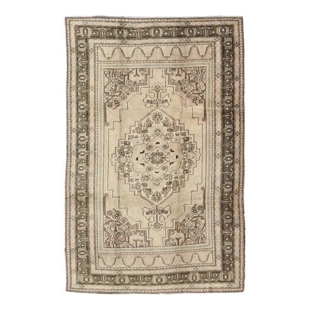 Vintage Turkish Oushak Rug With Linear Medallion Design in Brown and Nude For Sale