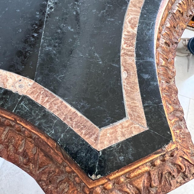 Vintage Maitland Smith stone-top table // tesselated black granite and limestone // carved demilune // wall-mount table // no free shipping For Sale In Kansas City - Image 6 of 10