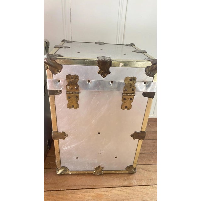Vintage Campaign Chests Trunks Pair Silver Metal Industrial For Sale - Image 12 of 17