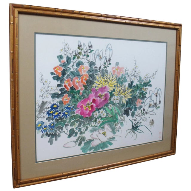 Vintage Zhongxiang Liu Chinese Chinoiserie Botanical Floral Watercolor Painting For Sale - Image 4 of 11