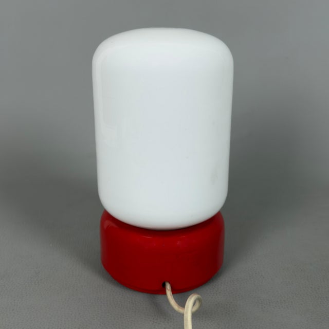 Modern Space Age White Opal Glass Capsule Table Lamp with Red Wood Base, 1970s For Sale - Image 3 of 15