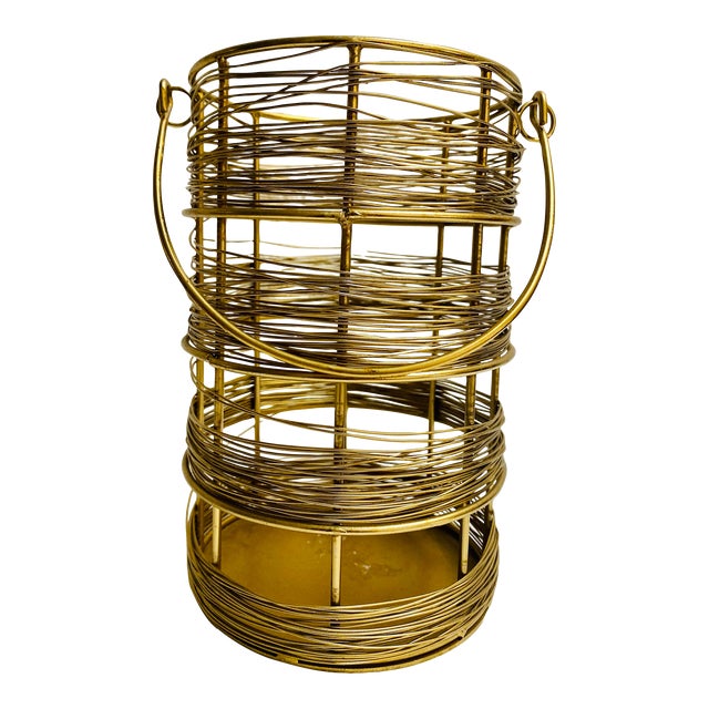 Vintage Mid Century Brutalist Brass Wire Wine Bottle Holder For Sale