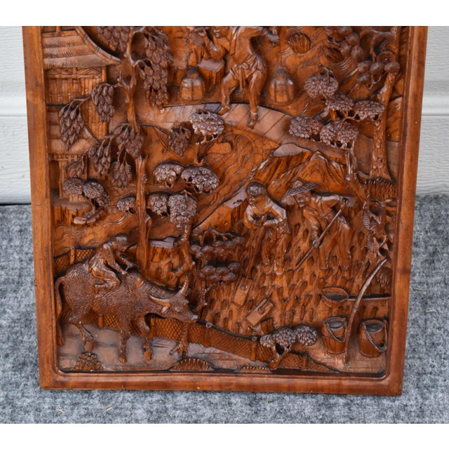 Antique Chinese Hand Carved Wood Relief Wall Panel Plaque Figural Rural Life For Sale In Philadelphia - Image 6 of 13