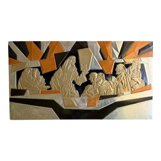 70s Large Mid-Century Liturgical Modernist Metal Last Supper Wall Relief B. Quijano Cubist Architectural For Sale