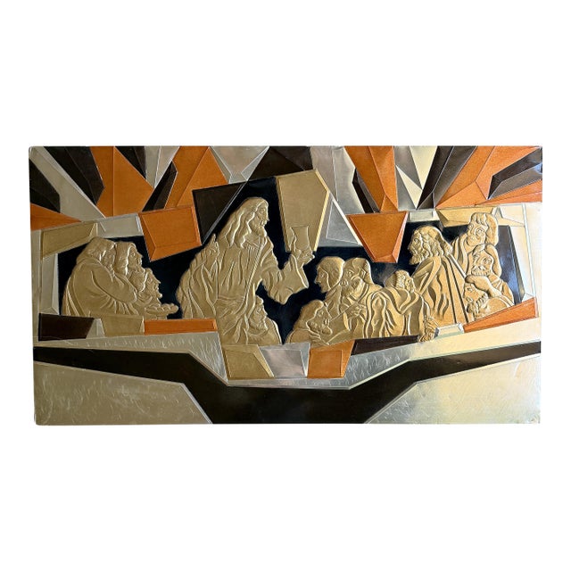 70s Large Mid-Century Liturgical Modernist Metal Last Supper Wall Relief B. Quijano Cubist Architectural For Sale