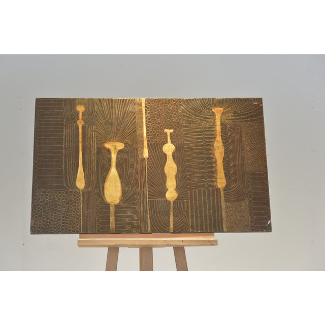 Abstract Plants, Scratch Picture Made of Aluminum Foil, Chipboard Coated with Brownish Clear Varnish For Sale - Image 6 of 6