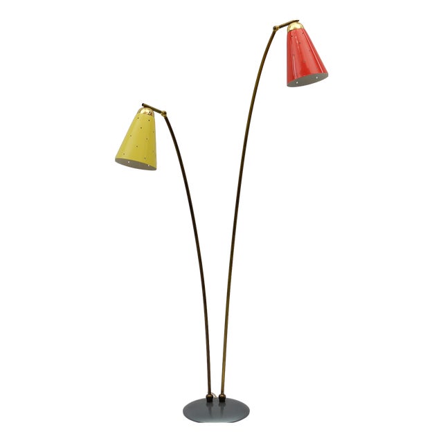 Mid-Century Modern Brass and Perforated Metal Floor Lamp, 1950s For Sale