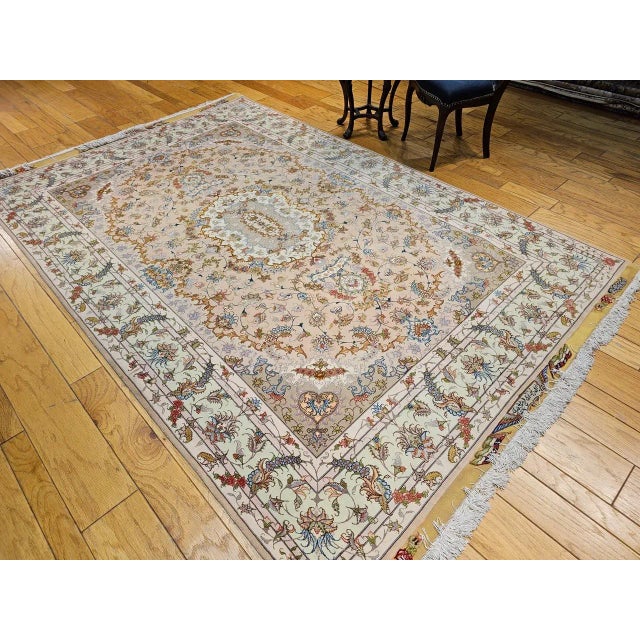 Persian Tabriz Rug, Handwoven Floral Design, Silk Highlight, Taupe & Pale Green, 7’ X 10’ For Sale In Chicago - Image 6 of 12