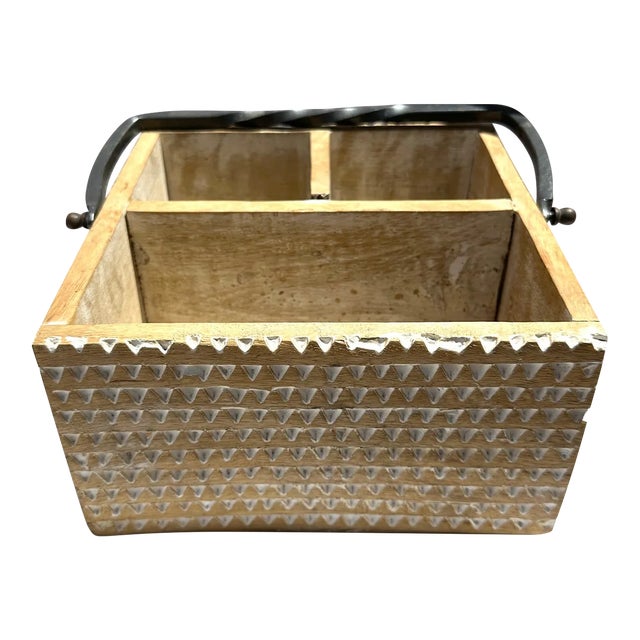 Farmhouse Carved Wood Utensil Holder For Sale