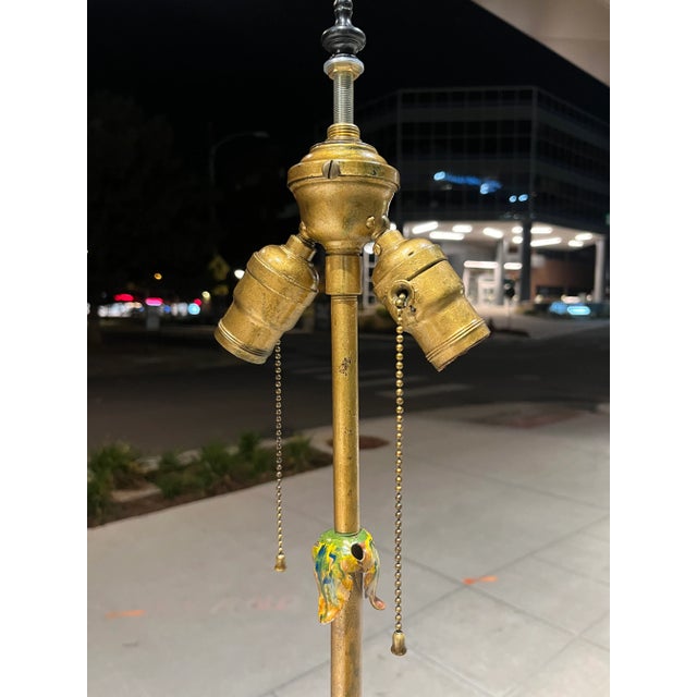 American Arts & Crafts Scrolled Leg Gilt Iron Floor Lamp & Slag Glass Shade Manner of Bradley Hubbard - a Pair For Sale - Image 12 of 13