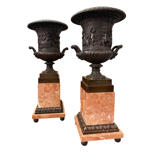 19th Century Pair of 19th Century French Bronze Urns on Marble Pedestals. For Sale - Image 5 of 10