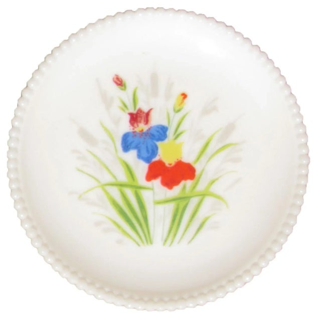 Pair of charming, artisan-painted Westmoreland milk glass plates in the "Beaded Edge" pattern. Decorated in a floral motif...