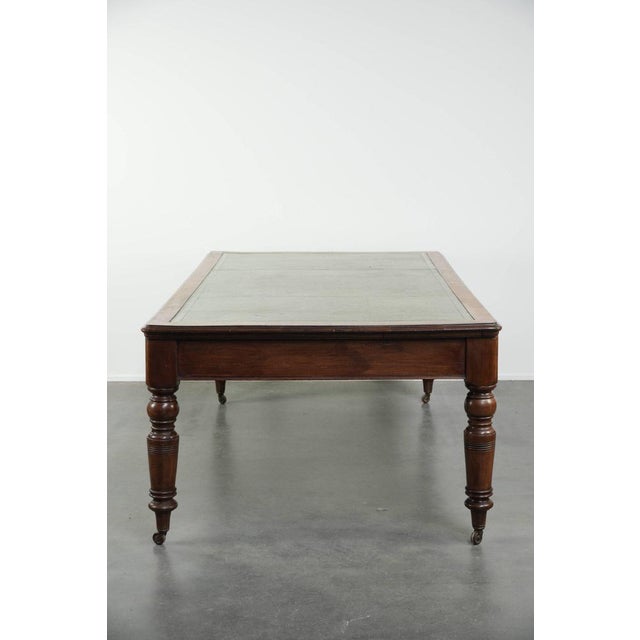 Antique English Writing Desk on Wheels with Drawers and Green Leather Top For Sale - Image 6 of 14