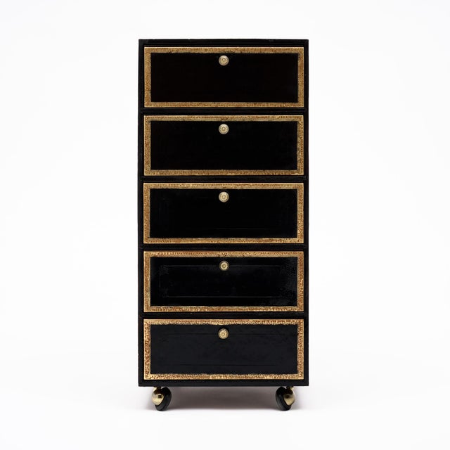 French Vintage French Pair of Leather Covered Filing Cabinets, Casters For Sale - Image 3 of 10