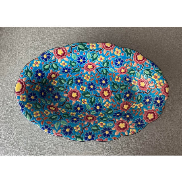 Beautiful, antique oval serving bowl by Émaux de Longwy, France. Earthenware hand-decorated in the Pottery’s famed enamel...