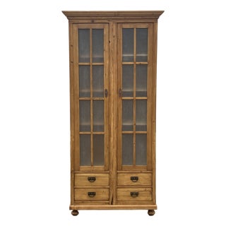 Pine Glazed Bookcase or Storage Cupboard With Four Drawers For Sale
