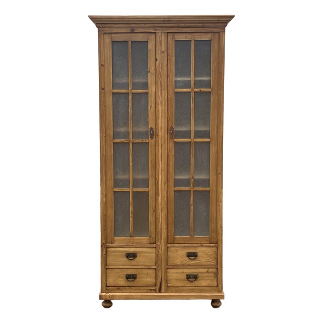 Pine Glazed Bookcase or Storage Cupboard With Four Drawers For Sale