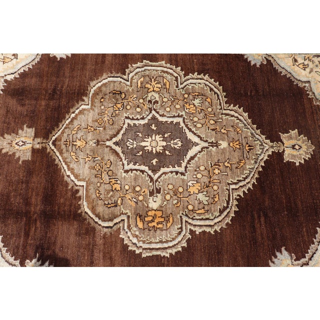 Mid 20th Century Brown Background Floral Medallion Vintage Turkish Kars Rug in Ivory and Taupe For Sale - Image 4 of 14