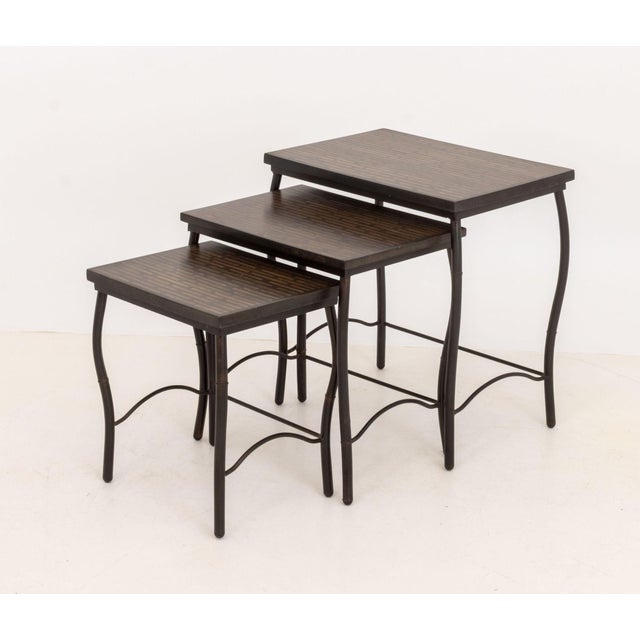 Set of Three Contemporary Mahogany Inlay Nesting Tables For Sale - Image 4 of 11