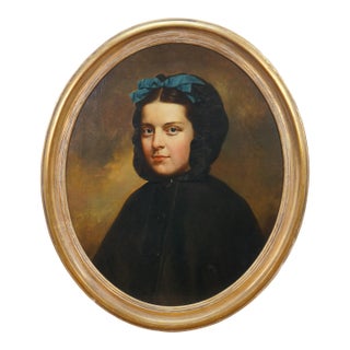 Late 20th Century J Paul Stevens Girl in Cloak Oval Portrait Oil Painting on Board 28" For Sale