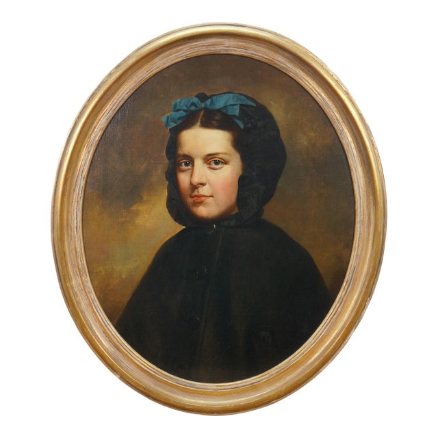 Late 20th Century J Paul Stevens Girl in Cloak Oval Portrait Oil Painting on Board 28" For Sale