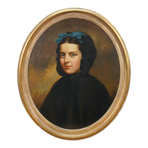 Late 20th Century J Paul Stevens Girl in Cloak Oval Portrait Oil Painting on Board 28"
