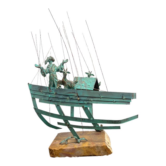Bijan Signed Metal Art Sculpture of Man on Boat With Goats. For Sale