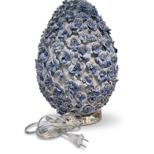 Italian-Style Encrusted Blue Ceramic Floral Table Lamps - a Pair For Sale - Image 4 of 12