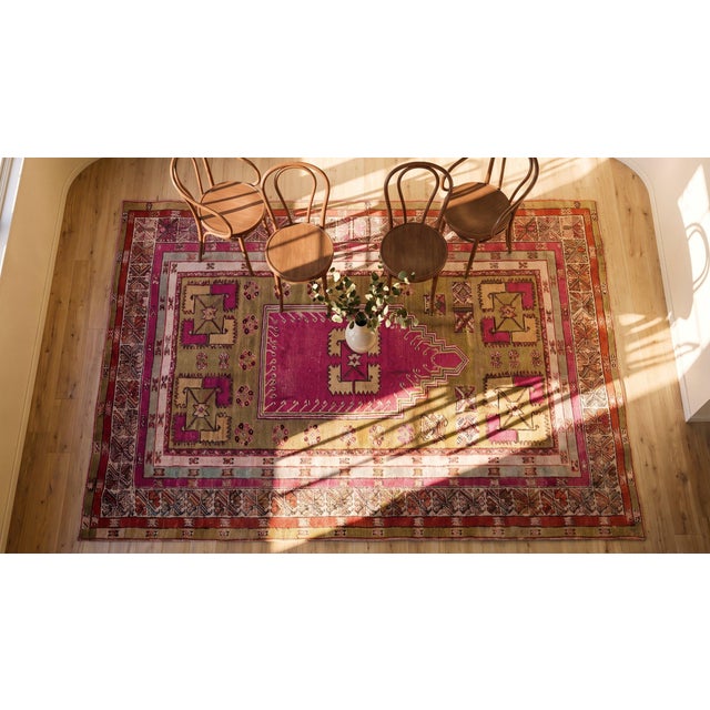 Textile 1850s Green Pink Medallion Antique Turkish Anatolian Melas Prayer Rug 4 X 6' Knotted Wool Carpet For Sale - Image 7 of 7