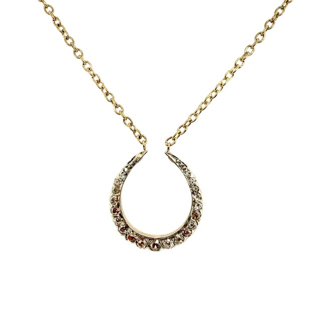 Victorian Antique Victorian 14k Gold & Rose‑Cut Diamond Horseshoe Pendant Necklace For Sale - Image 3 of 6