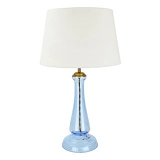 Vintage Laura Ashley Cornflower Blue Glass Table Lamp | Accent Light 1990 2000s Brass Bedside Buffet European British Coastal For Sale