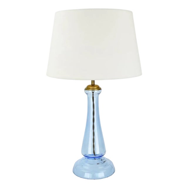 Vintage Laura Ashley Cornflower Blue Glass Table Lamp | Accent Light 1990 2000s Brass Bedside Buffet European British Coastal For Sale