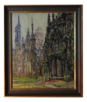 Paul Amelin, Impressionist View of St. Saviour's Cathedral in Bruges, 1913, Oil on Panel, Framed