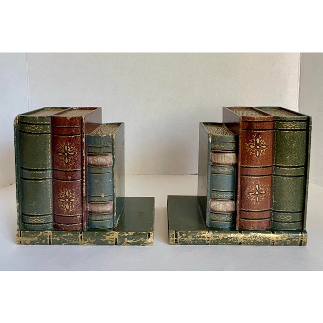 A Pair of Faux Figurative Stack of Books Wood Bookends For Sale - Image 11 of 12