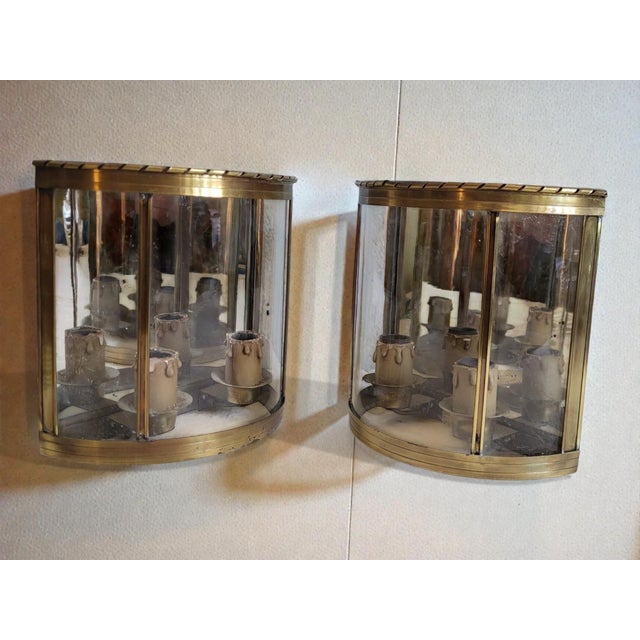 Pair of Napoleon III style wall sconces in copper. Marked by Cuivres de Villedieu. 1960s-70s. Copper frame, domed glass,...